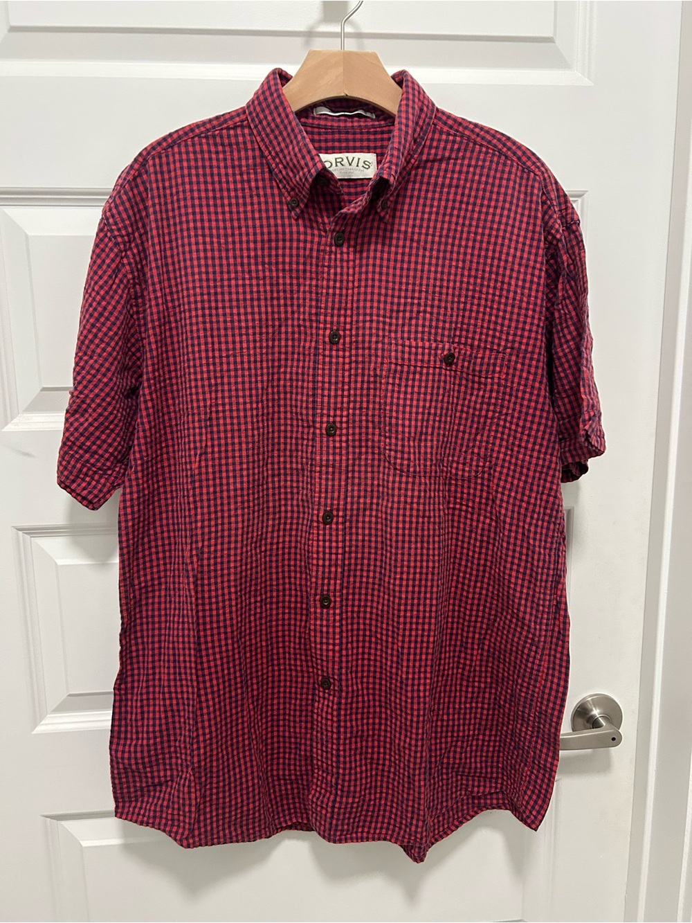 Orvis Red and Black Seersucker -Check Short Sleeve Button-Down Shirt L